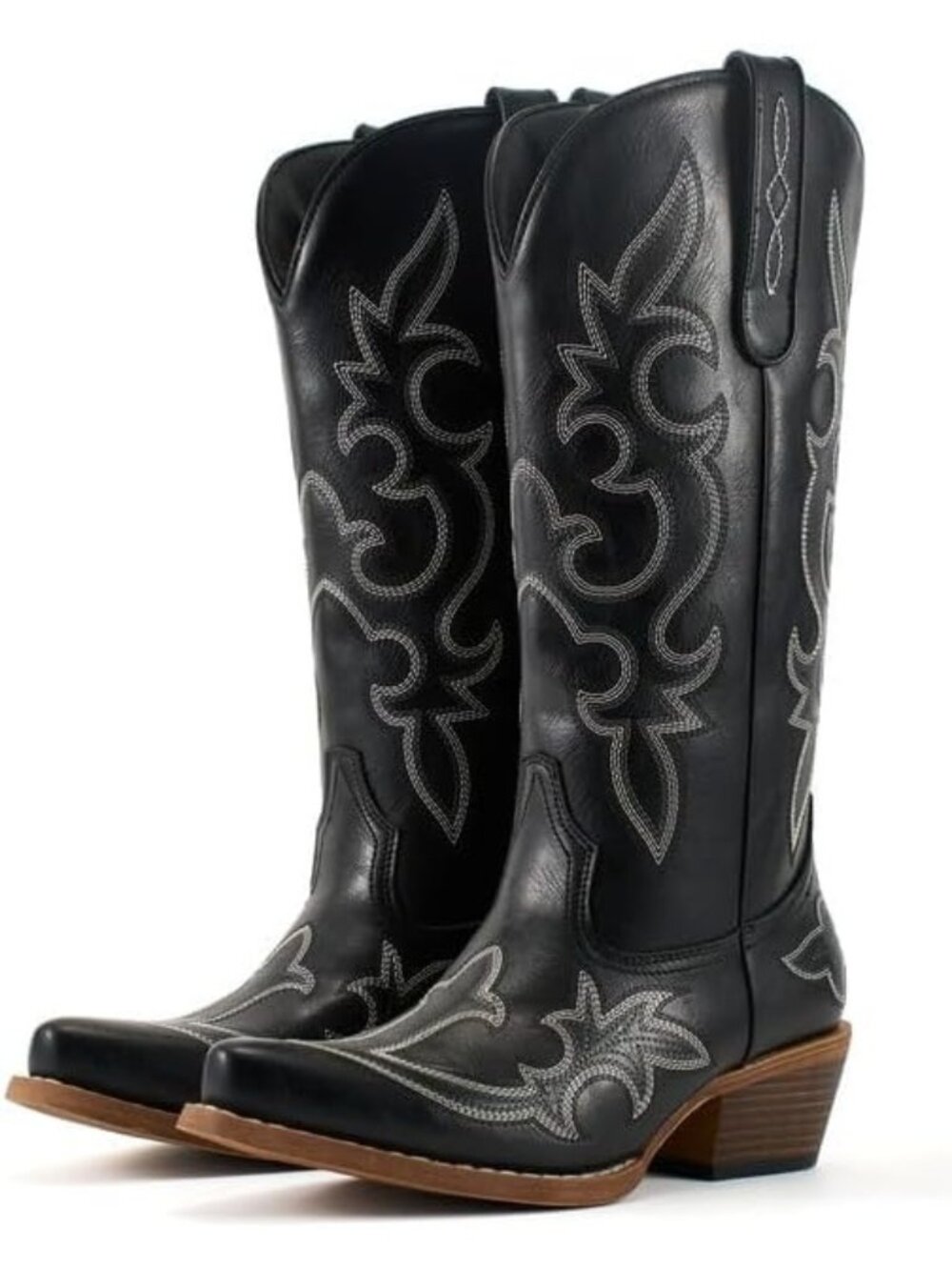 Women's Black Boots Mid Calf Western Cowgirl Boots Chunky Heels Snip Toe Boots